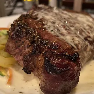 Angus Ribeye plus blue cheese crumbles and bacon Swiss risotto (what??)