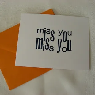 Letterpress miss you postcard (front) by Vintage Script Press
