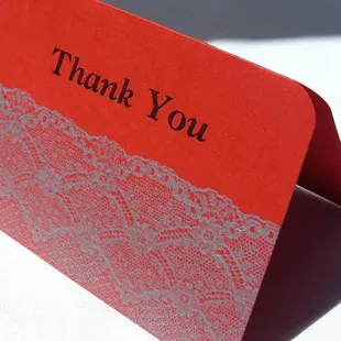 Letterpress red lace Thank You card by Vintage Script Press