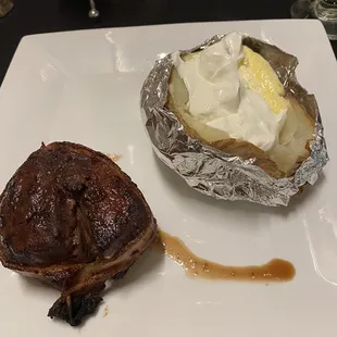 Medium rare bacon-wrapped filet literally melted in our mouths.