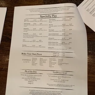 the menu and prices of the restaurant