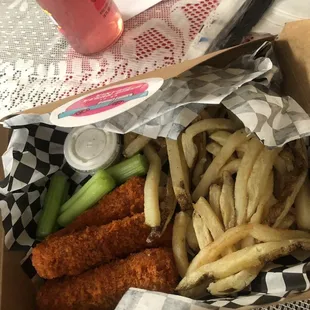 Buffalo chick'n fingers and fries