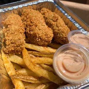 Our Chick'n Tender Combo: 3 Tenders, side of fries &amp; side of secret sauce.
