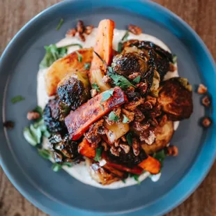 Grilled Seasonal Vegetables with Dijon Lebneh, Brown Butter, and Candied Pecans