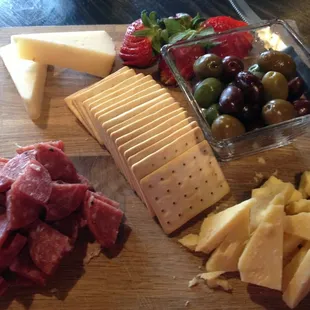 Two cheeses and meat plate. Yum. Perfect for a group of friends having some great wine.