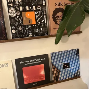 a shelf of vinyl records on a wall