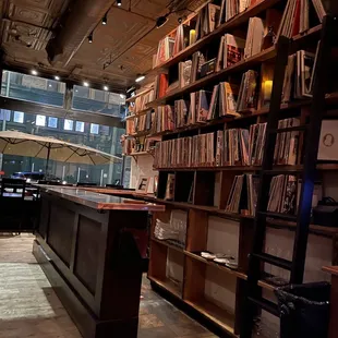 a view of the bar and the bookshelf