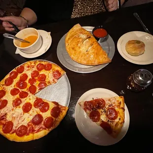 pepperoni pizza, shrimp &amp; lobster bisque, deluxe calzone, and garlic knot