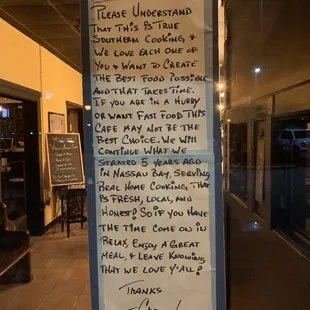 Personal note from Chef and Owner