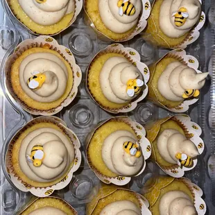 a tray of cupcakes