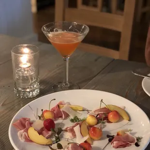 American Omakase, 5 Course Tasting Menu - Amuse Bouche: Levoni Prosciutto, Stone Fruit, Parmesan