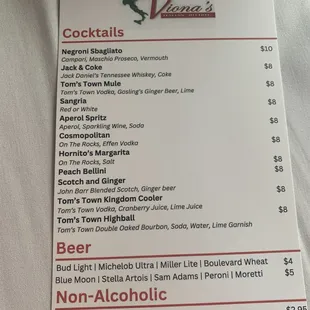 Cocktail/beer menu