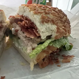 Turkey, bacon on crunch roll with extra bacon.