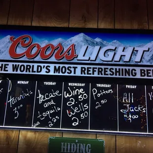 Weekly drink specials.