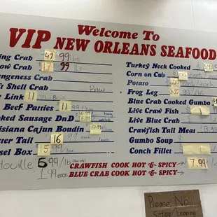 Menu with updated prices