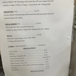 Cooked food menu with updated prices