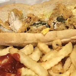 VIP Seafood&apos;s outdated, undercooked oyster po&apos;boy with a side of soggy, undercooked fries.