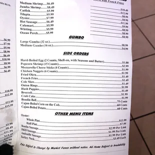 Menu as of January 2019