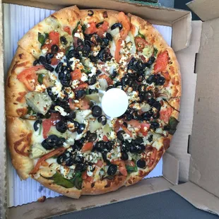 Small Greek Pizza on Sourdough  So delish!   Photo taken 7/11/16 on my 2nd visit to this restaurant that's apx 3hrs from my home.  So good!