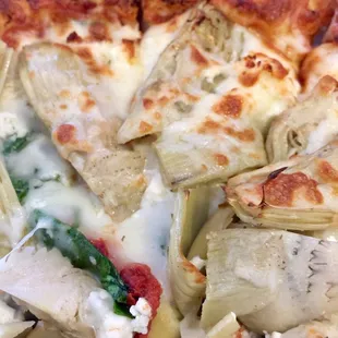 Greek pizza with red sauce on sourdough...yummy!