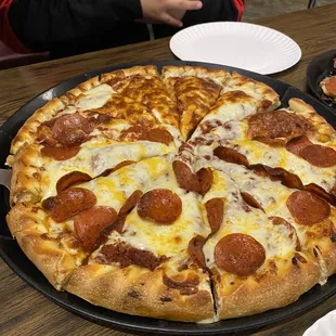 Large pan size half pepperoni, half cheese