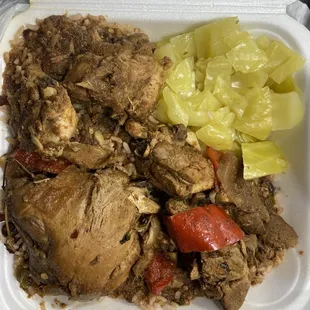 Brown Stew Chicken Cabbage Rice &amp; Beans Beef Pattie Coco Bread