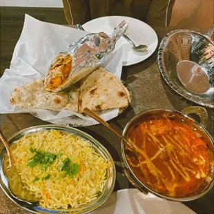 1/2 of Chicken 65 Wrap, Rice, Naan, and Roti. Chicken Tikka Masala.