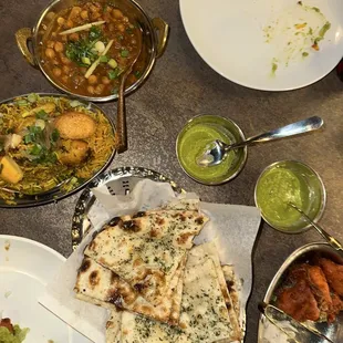 Chickpea masala, fried fish, nann, chicken biryani