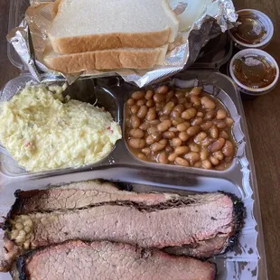 1 meat sliced brisket plate with beans and potato salad