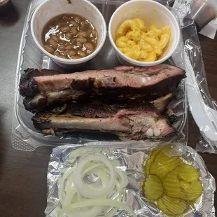 2 meat dinner. Ribs and brisket with Mac and cheese and beans