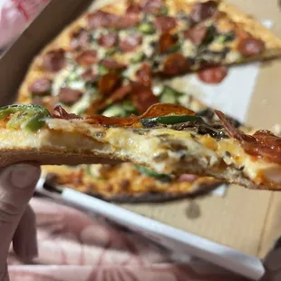 a hand holding a slice of pizza