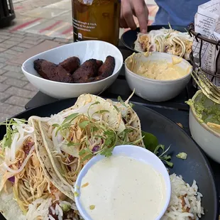 Shrimp Taco, PLANTAIN STUDDED RICE, CHIPS &amp; CHILE CON QUESO