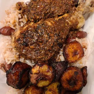 Jerk chicken with rice &amp; beans and fried plantains