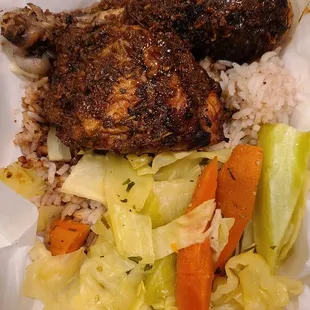 Jerk chicken with rice &amp; beans and stir fried cabbage