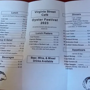 Oyster Festival Menu