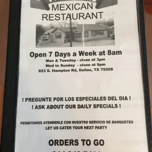 the menu for the restaurant