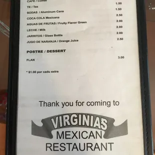 a menu for the restaurant
