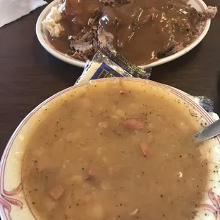 Ham and bean soup in front... roast beef dinner in background