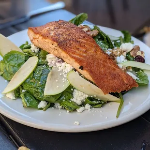 Apple and spinach salad with salmon added