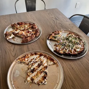 three pizzas on a table