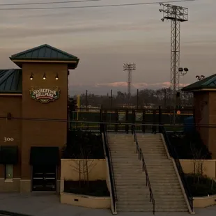 Quiet night at the entrance to the ballpark but look at the snow capped mountains in the background!