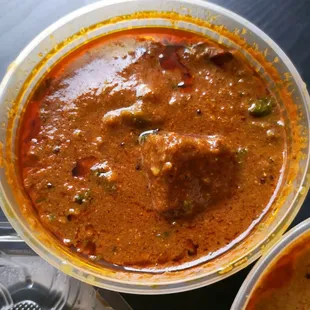 Patodi Rassa. Chickpea flour cakes in a spicy gravy. Should be vegan