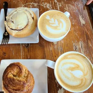 2 Cardamom Lavender oat milk lattes Morning crossiant Cinnamon roll