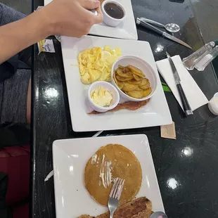 The Fix: 3 Buttermilk pancakes, 2 Sausage, 2 Bacon, 2 eggs your way, w/potatoes