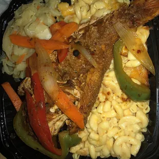 Jerk Snapper macaroni and cheese &amp; cabbage