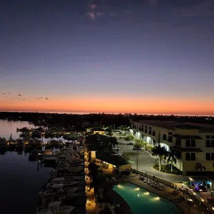 a marina at dusk