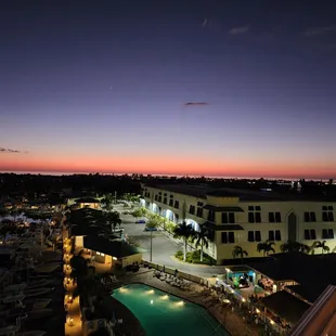 a view of a marina at night