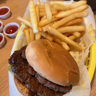 a hamburger and french fries