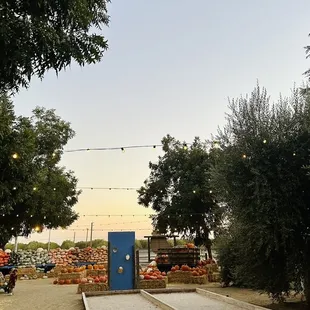 a blue door in the middle of a gravel road