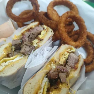 Brisket Egg and Cheese Bagel! With onion rings!